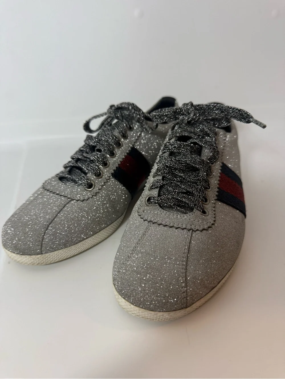 Gucci silver Glitter Sneakers with Red end black web stripe